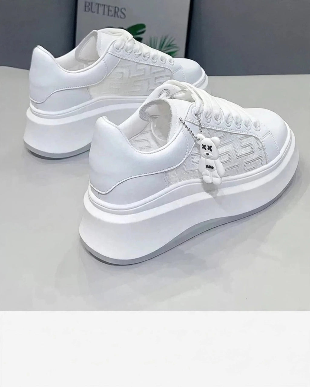 White Platform Sneakers with Cute Bear Charm - Thick Sole – Aadiltraders